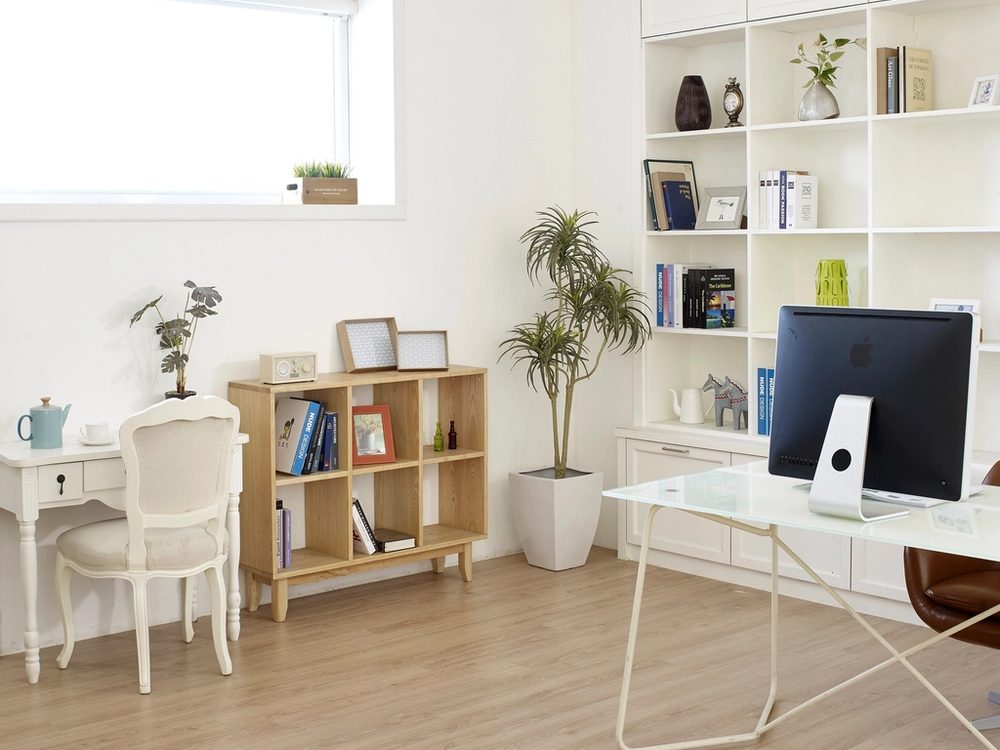 Bright home office with open shelving and a clean, uncluttered wall